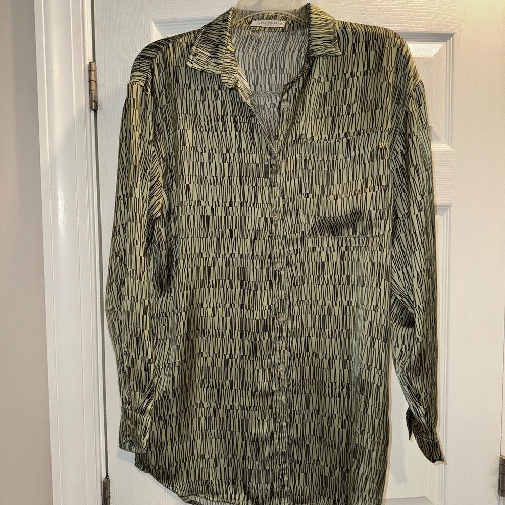 12th Tribe Green and Black Long Button Down Silk Shirt